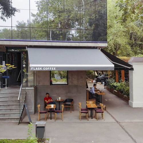 Terrace open awnings Decolife G200 with flexo printing, implemented by partner ''TENT VERTEX''